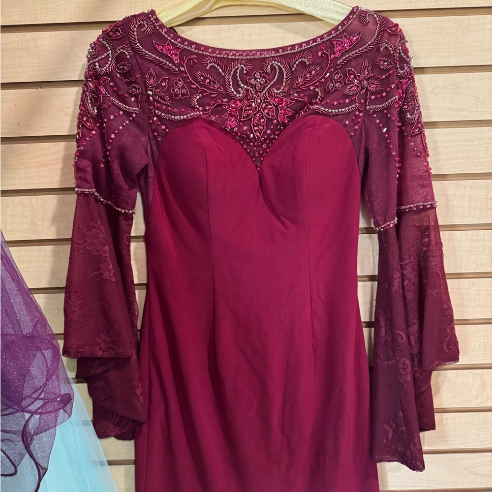 Splash Long-Sleeve Beaded Wine Evening Dress-A7